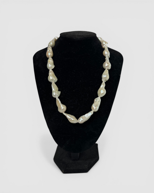 Pearl Baroque Shape Necklace w Gold Rhinestone Sphere Clasp