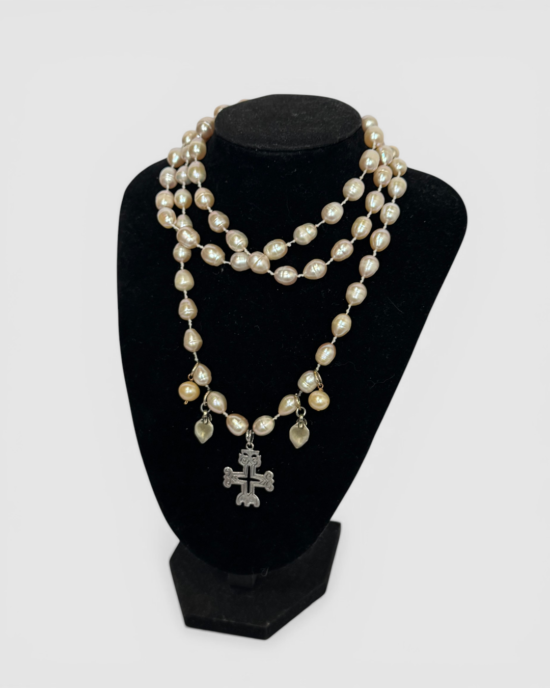 Pink Beaded Double Strand Pearl & Pendant Necklace