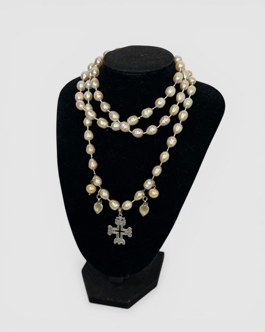 Pink Beaded Double Strand Pearl & Pendant Necklace