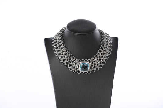 David Yurman Sterling Silver "Atlas" Chainmail Choker with Blue Topaz and Diamonds, 20mm