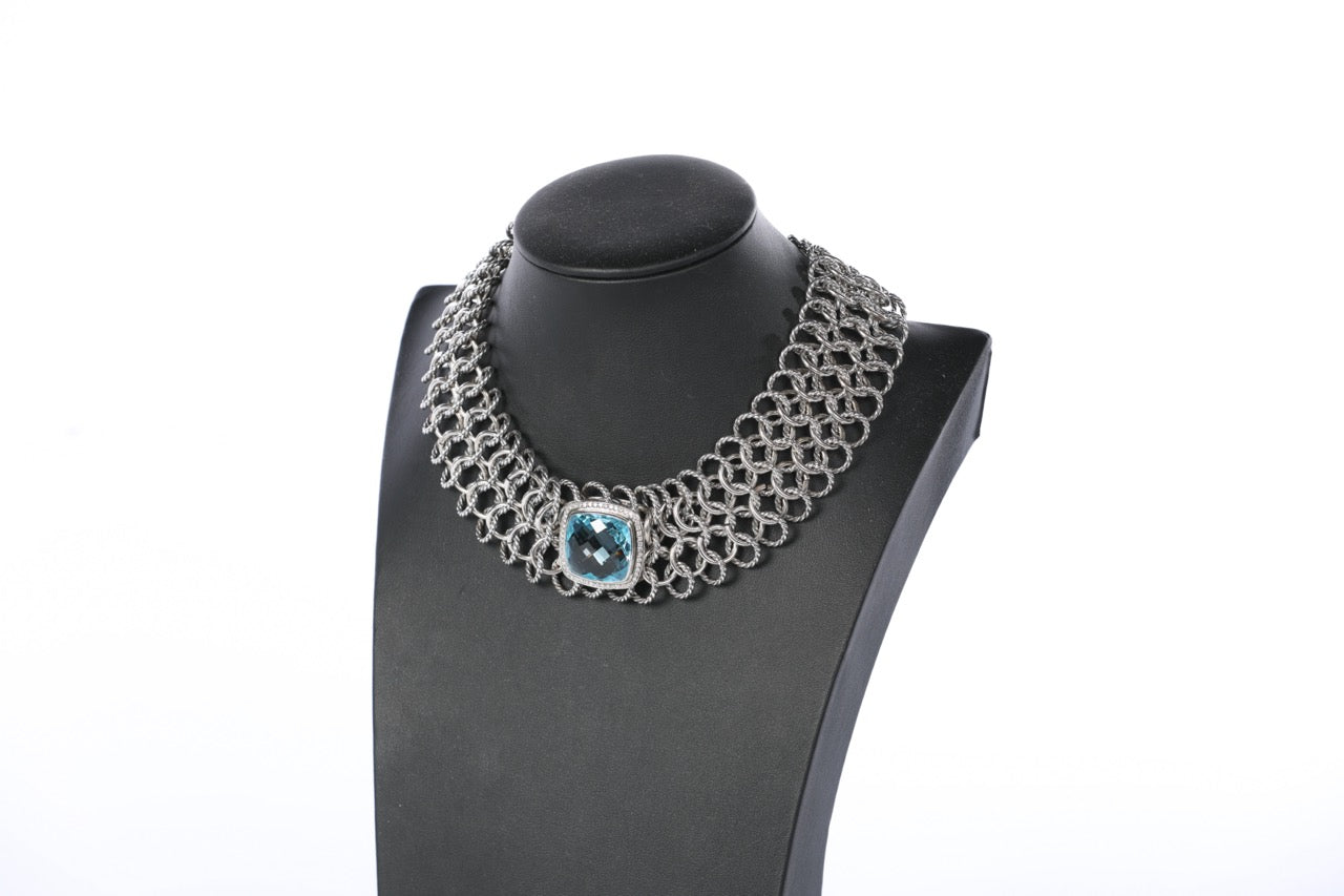 David Yurman Sterling Silver "Atlas" Chainmail Choker with Blue Topaz and Diamonds, 20mm