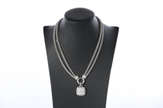 David Yurman Sterling Silver Diamond Pave Albion® Pendant, 17mm on Sterling Silver Double Wheat Chain Necklace with Diamonds, 4mm - 18"