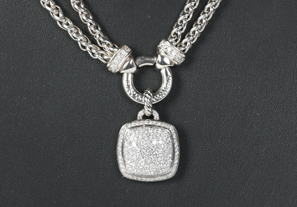 David Yurman Sterling Silver Diamond Pave Albion® Pendant, 17mm on Sterling Silver Double Wheat Chain Necklace with Diamonds, 4mm - 18"