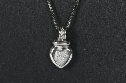 David Yurman Sterling Silver Diamond Heart Enhancer Cable Pendant on Sterling Silver Chain (Not D.Y.) ~21"