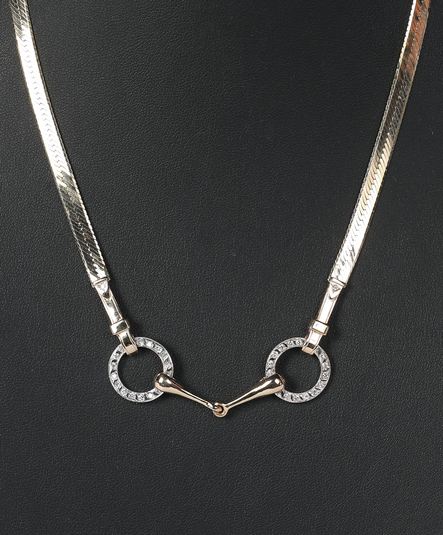 14k Gold & Diamond Snaffle Horse Bit Design Necklace on Herringbone Chain