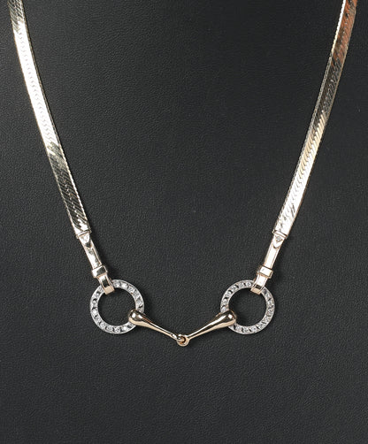 14k Gold & Diamond Snaffle Horse Bit Design Necklace on Herringbone Chain