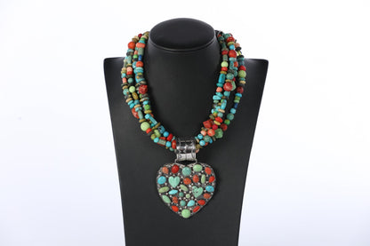 Rocki Gorman Multicolor Turquoise "Many Stone Heart Pendant" on Short Multicolor Turquoise Coral Beaded 4 Strand Necklace