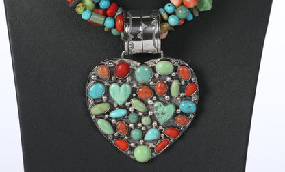 Rocki Gorman Multicolor Turquoise "Many Stone Heart Pendant" on Short Multicolor Turquoise Coral Beaded 4 Strand Necklace