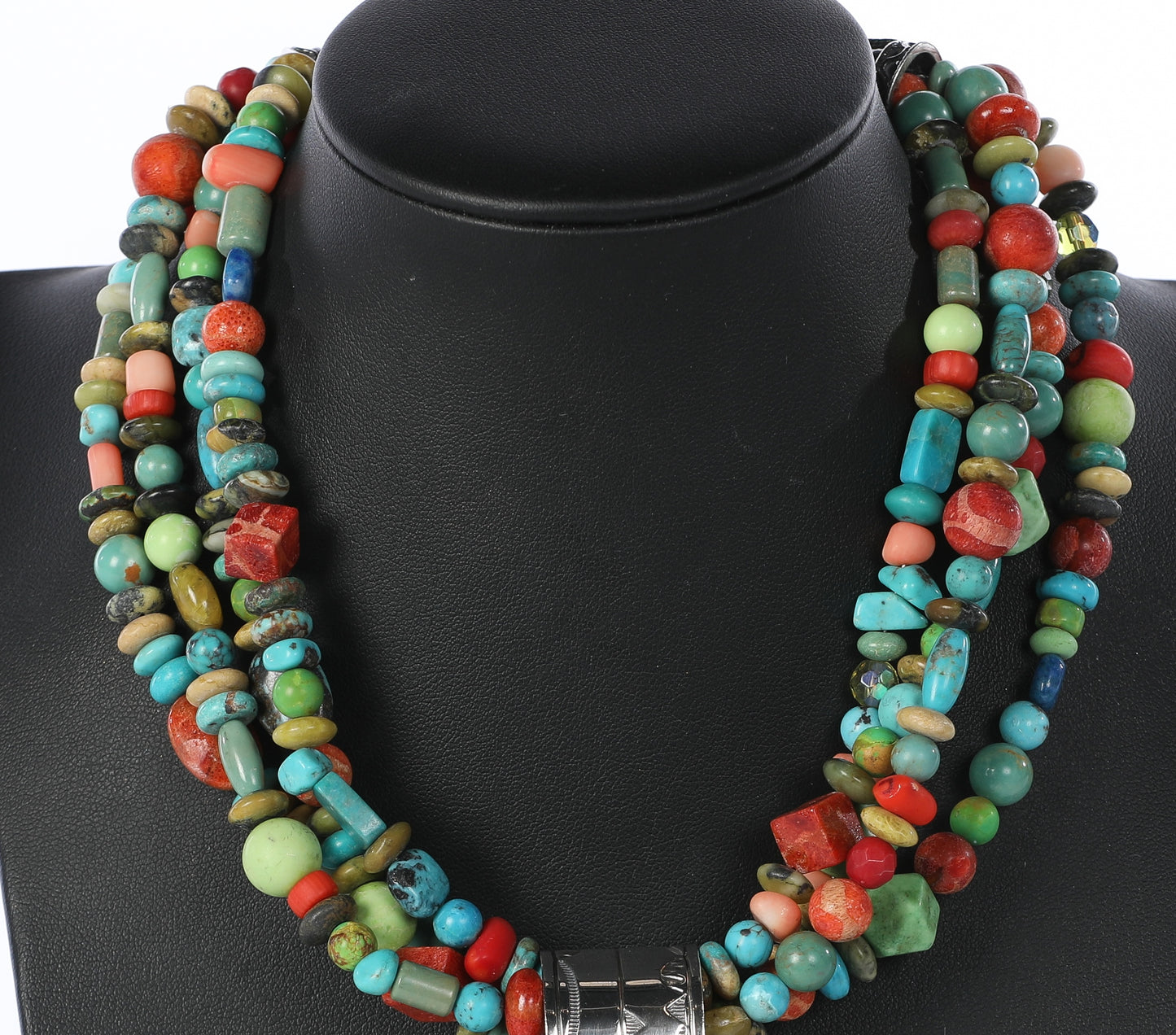 Rocki Gorman Multicolor Turquoise "Many Stone Heart Pendant" on Short Multicolor Turquoise Coral Beaded 4 Strand Necklace