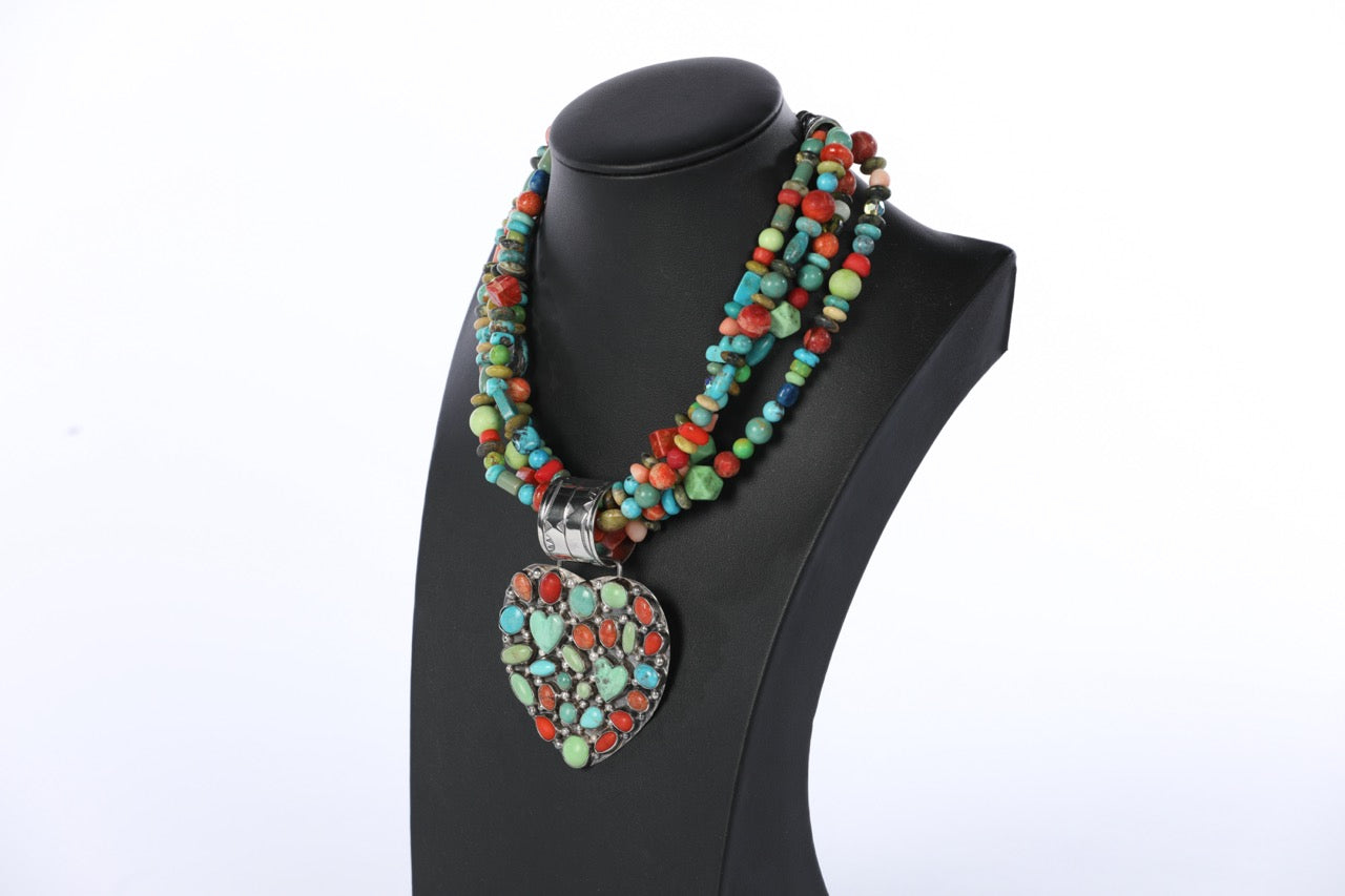 Rocki Gorman Multicolor Turquoise "Many Stone Heart Pendant" on Short Multicolor Turquoise Coral Beaded 4 Strand Necklace