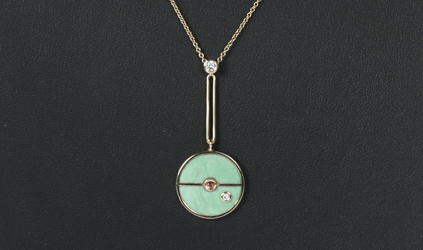 Retrouvai 14k Yellow Gold, Green Turquoise Compass Pendant Necklace w Diamond &  Lotus Garnet Cabochon