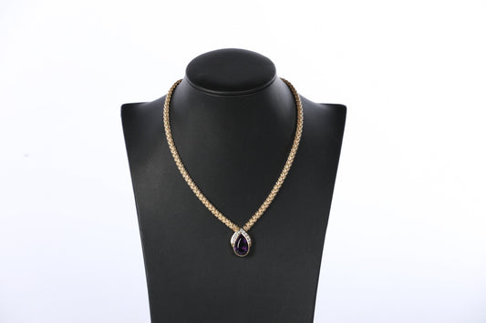 14k Gold Pear Amethyst & Diamond Pendant on Braided Chain Necklace (has matching earrings)