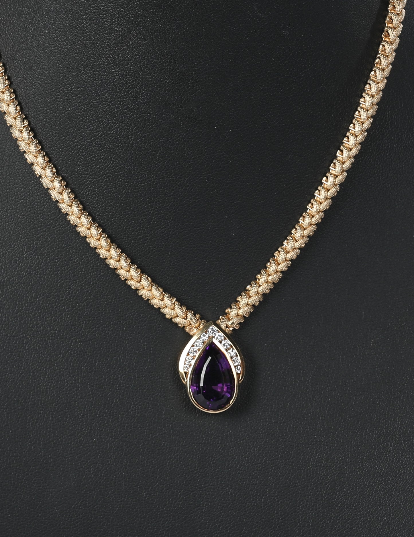 14k Gold Pear Amethyst & Diamond Pendant on Braided Chain Necklace (has matching earrings)