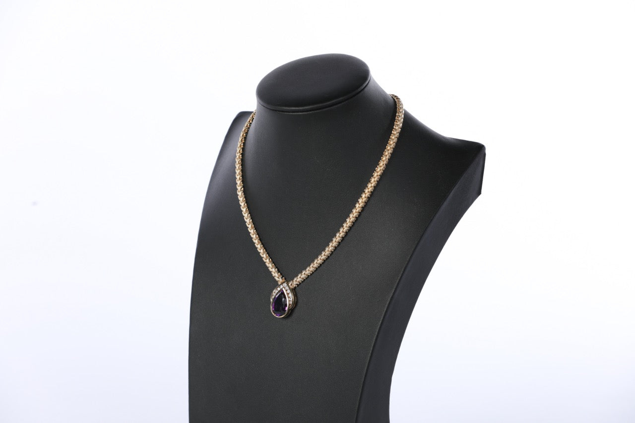 14k Gold Pear Amethyst & Diamond Pendant on Braided Chain Necklace (has matching earrings)