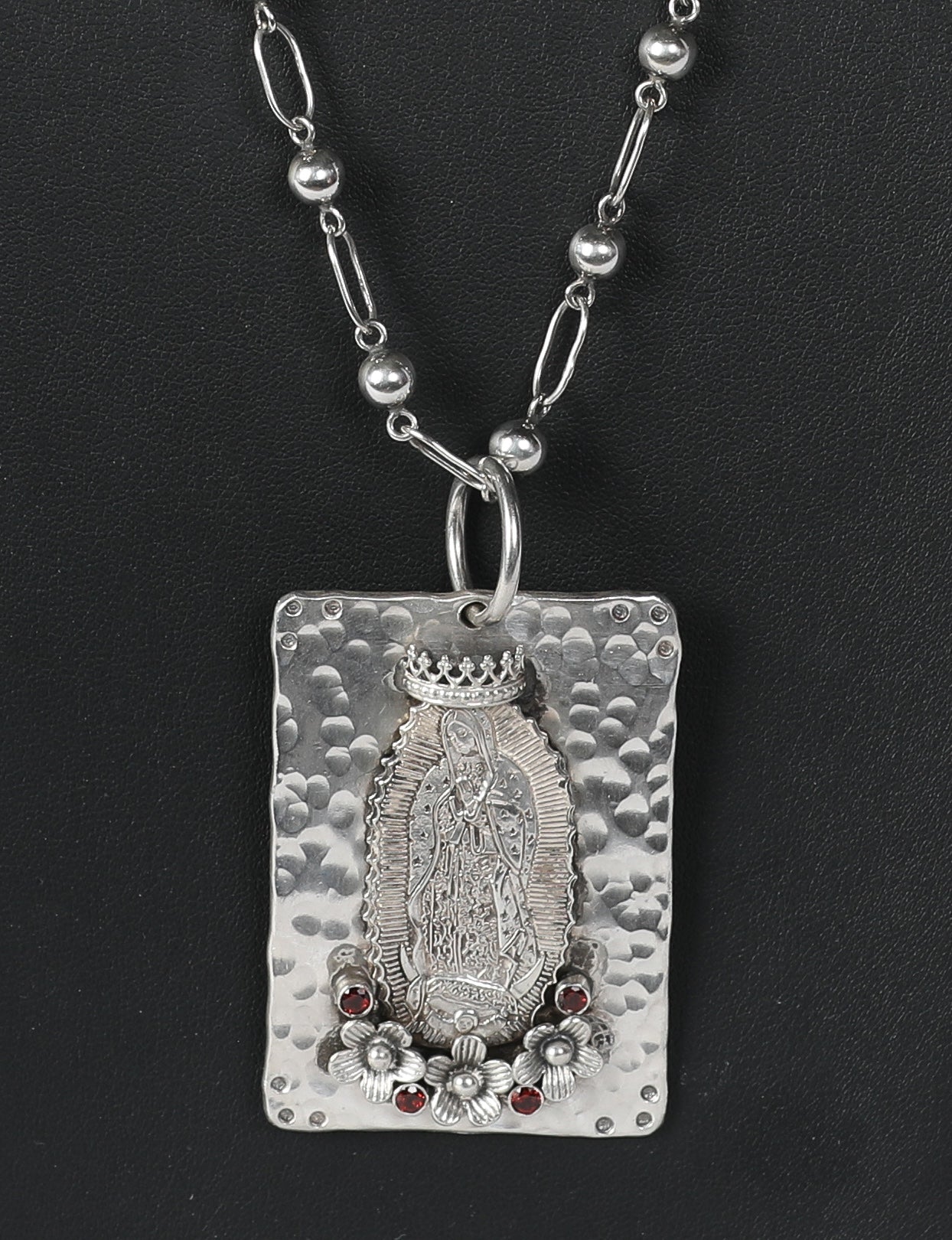 Richard Schmidt Jewelry (RCS) Sterling Silver Large Guadalupe Pendant with Garnets on SS Chain Necklace