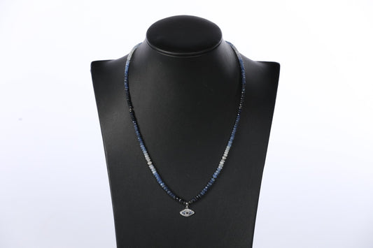 Beaded Shaded Sapphire Single Strand Necklace with 14k Diamond & Sapphire Evil Eye Pendant