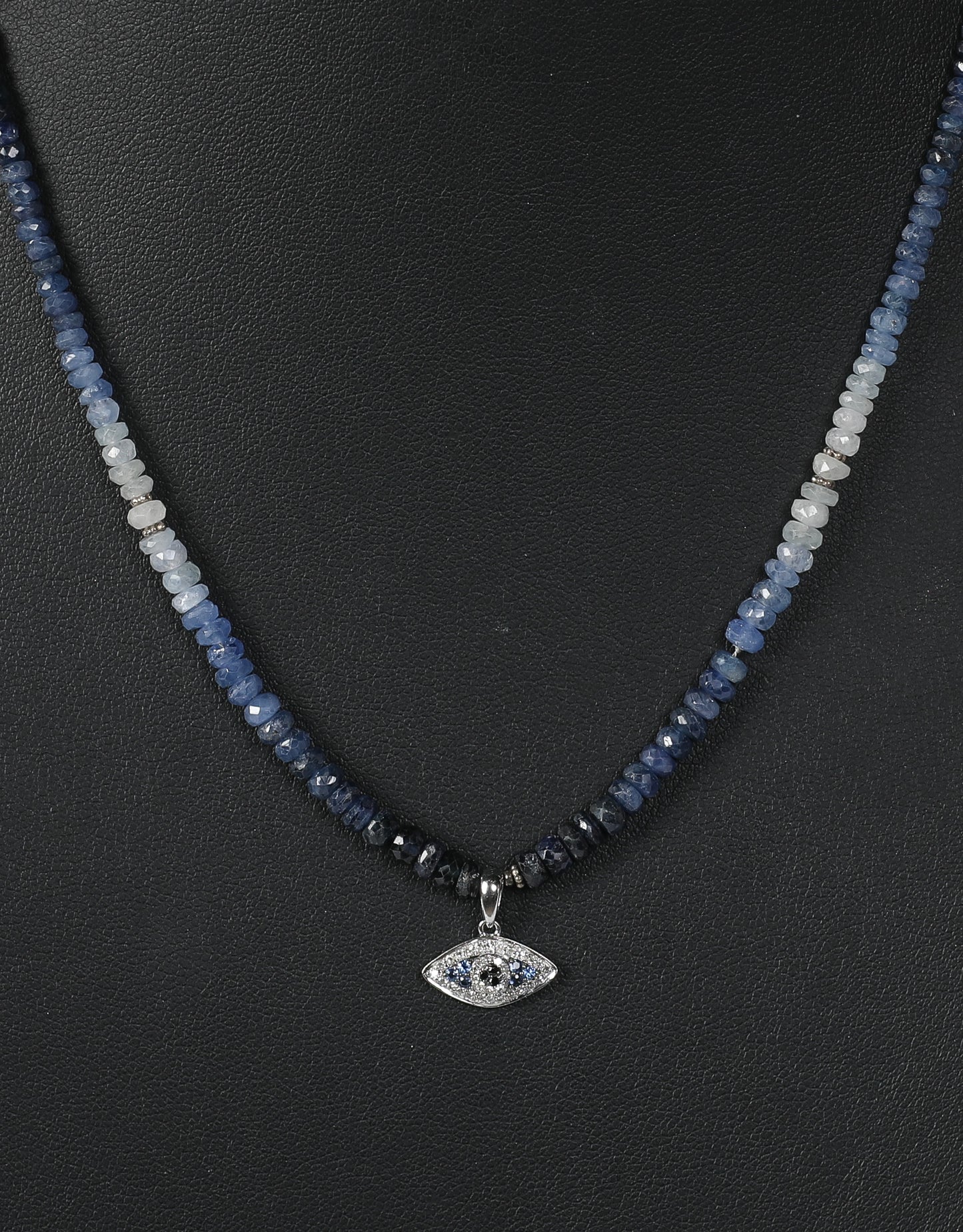 Beaded Shaded Sapphire Single Strand Necklace with 14k Diamond & Sapphire Evil Eye Pendant