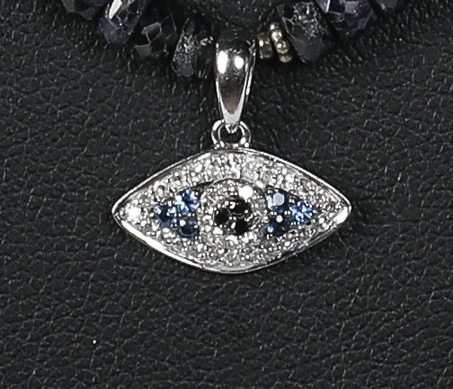 Beaded Shaded Sapphire Single Strand Necklace with 14k Diamond & Sapphire Evil Eye Pendant