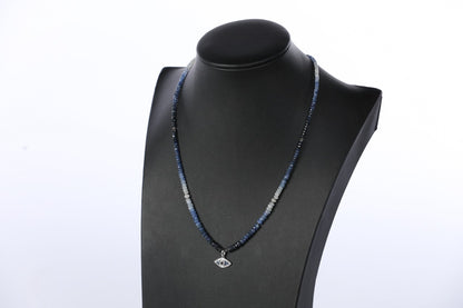 Beaded Shaded Sapphire Single Strand Necklace with 14k Diamond & Sapphire Evil Eye Pendant