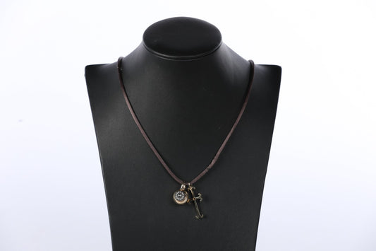Mizuki 14k Gold Diamond Ball Pendant & Cross Pendant on Brown Cord Necklace