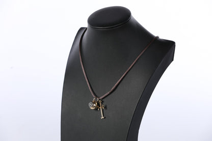 Mizuki 14k Gold Diamond Ball Pendant & Cross Pendant on Brown Cord Necklace