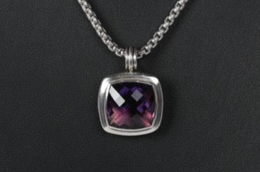 David Yurman Sterling Silver Amethyst "Albion" Pendant on 20" Sterling Silver Box Chain with 14K Yellow Gold Accent, 2.7mm