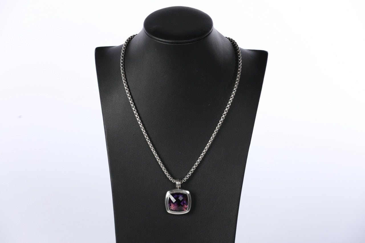 David Yurman Sterling Silver Amethyst "Albion" Pendant on 20" Sterling Silver Box Chain with 14K Yellow Gold Accent, 2.7mm