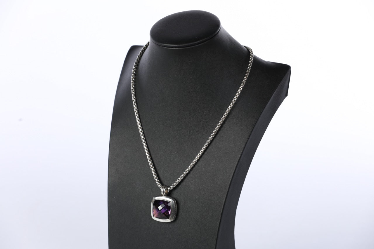 David Yurman Sterling Silver Amethyst "Albion" Pendant on 20" Sterling Silver Box Chain with 14K Yellow Gold Accent, 2.7mm