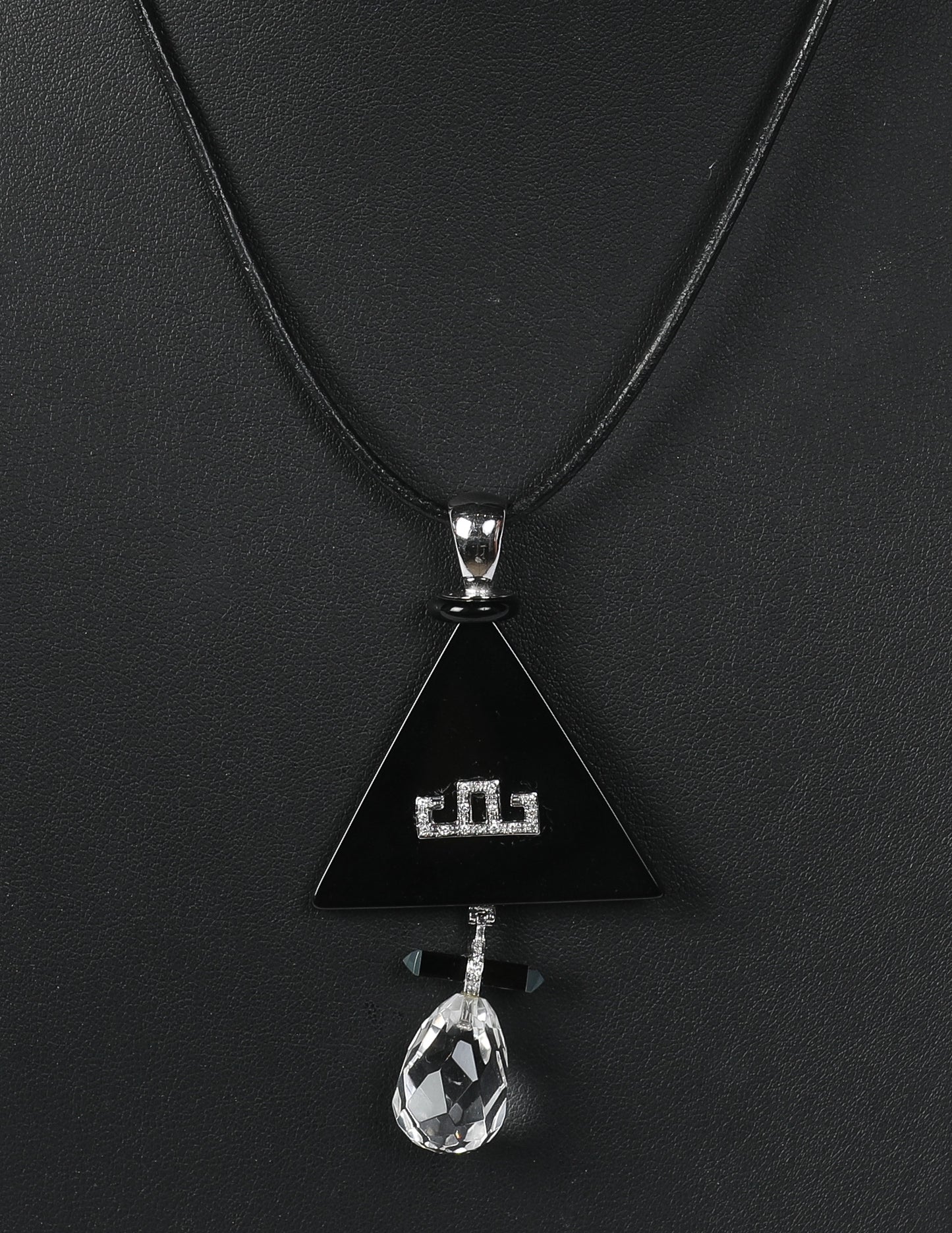 Petrorino Black Onyx Triangle Pendant with Diamonds Set in 18k White Gold w Crystal Drop Charm Necklace