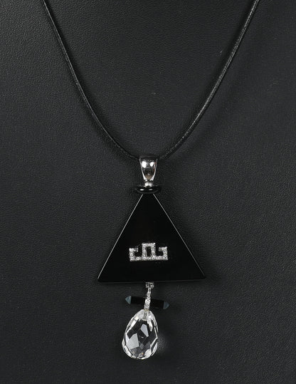 Petrorino Black Onyx Triangle Pendant with Diamonds Set in 18k White Gold w Crystal Drop Charm Necklace