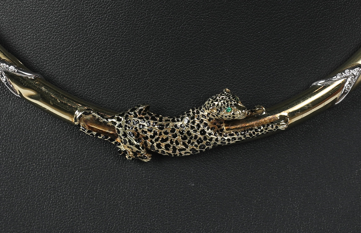 49g of 18K Yellow Gold - Leopard In A Tree Collar Necklace w Pave Diamond Accents & Emerald Eyes