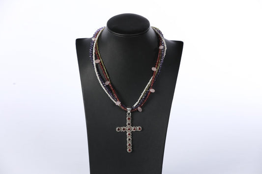 Sterling Silver Cross with Red Garnet Stones on Pink Quartz, Purple, Green, Red, & Pearl Multi Strand  Beaded Necklace