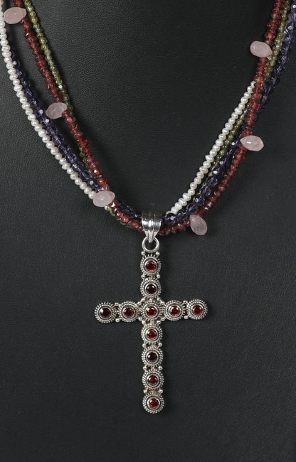 Sterling Silver Cross with Red Garnet Stones on Pink Quartz, Purple, Green, Red, & Pearl Multi Strand  Beaded Necklace