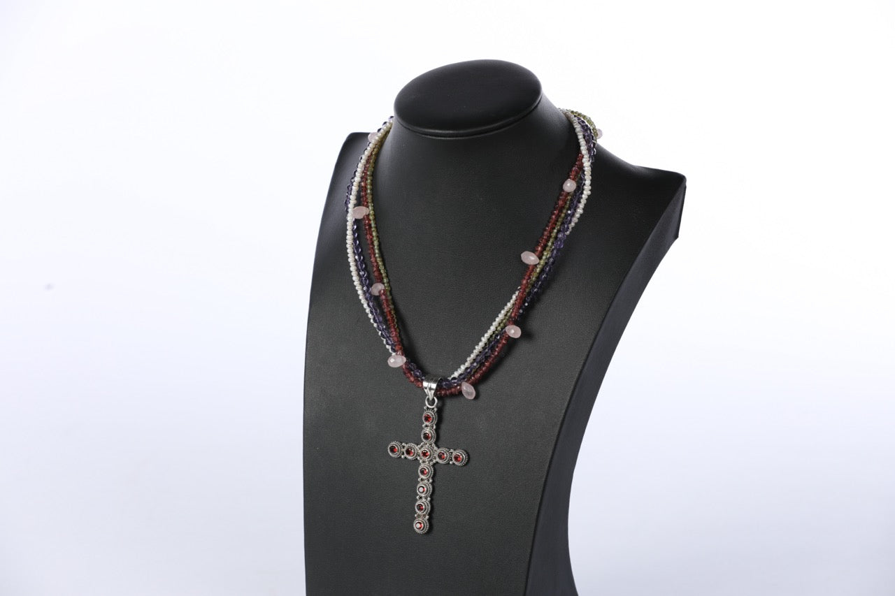 Sterling Silver Cross with Red Garnet Stones on Pink Quartz, Purple, Green, Red, & Pearl Multi Strand  Beaded Necklace