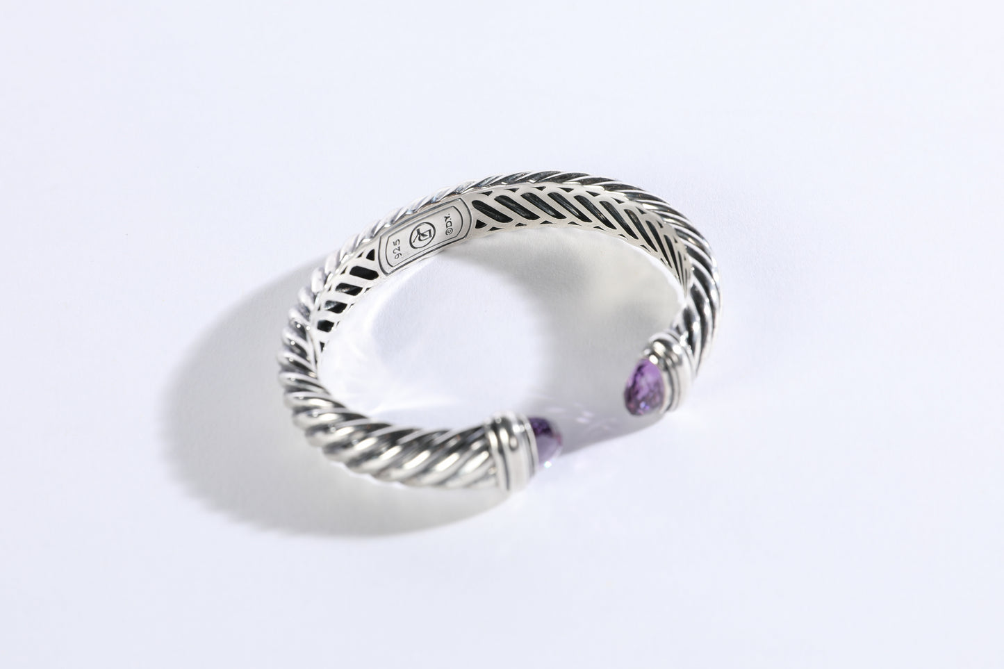 David Yurman Sterling Silver Amethyst "Waverly" Hinged Classic Cable Cuff Bracelet