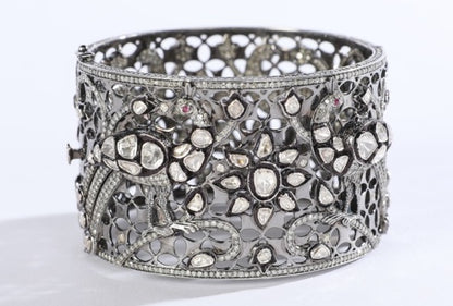 Artisan NYC 18k Gold & Sterling Silver Peacock Rosecut and Pave Diamond Bangle Bracelet with Rubies