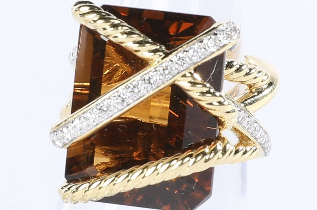 David Yurman 18K Yellow Gold Smoky Quartz & Diamond Cable Wrap Ring (Size 7.5)