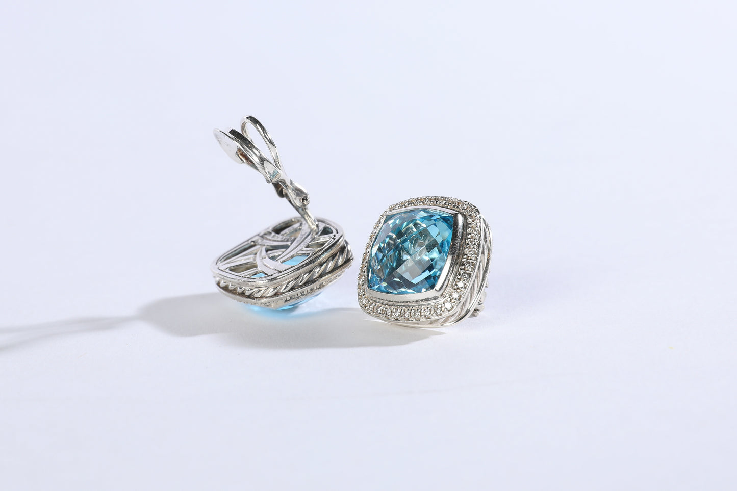 David Yurman "Albion" Clip On Earrings Sterling Silver with Blue Topaz and Diamond, 11mm