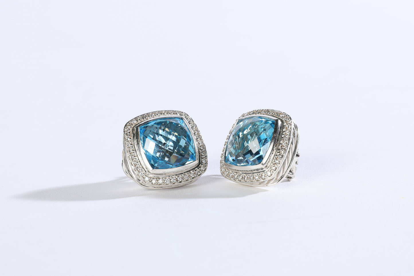 David Yurman "Albion" Clip On Earrings Sterling Silver with Blue Topaz and Diamond, 11mm