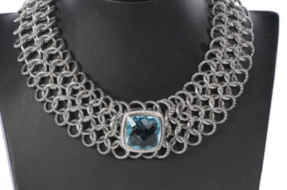 David Yurman Sterling Silver "Atlas" Chainmail Choker with Blue Topaz and Diamonds, 20mm