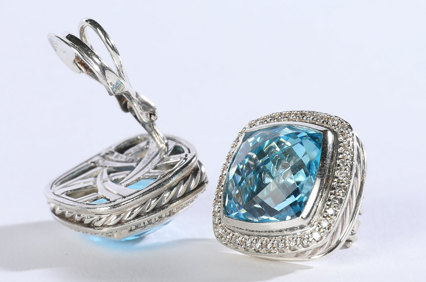 David Yurman "Albion" Clip On Earrings Sterling Silver with Blue Topaz and Diamond, 11mm