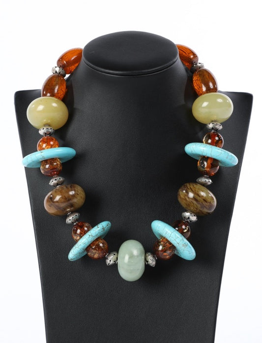 Large Beaded Necklace - Sterling Silver - Turquoise, Amber, & Other Gemstone