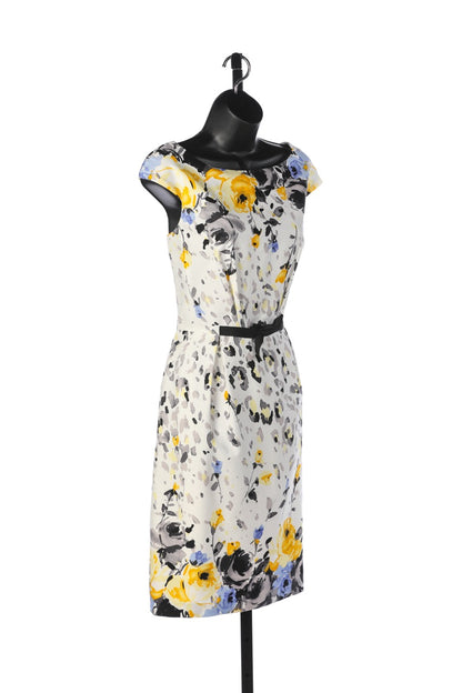 David Meister White Knee-Length Cap-Sleeve Dress w/ Yellow Grey & Blue Floral Print NWT