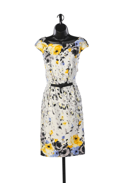 David Meister White Knee-Length Cap-Sleeve Dress w/ Yellow Grey & Blue Floral Print NWT