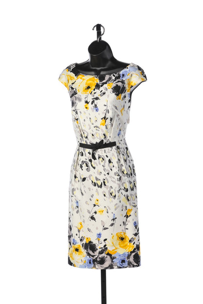 David Meister White Knee-Length Cap-Sleeve Dress w/ Yellow Grey & Blue Floral Print NWT