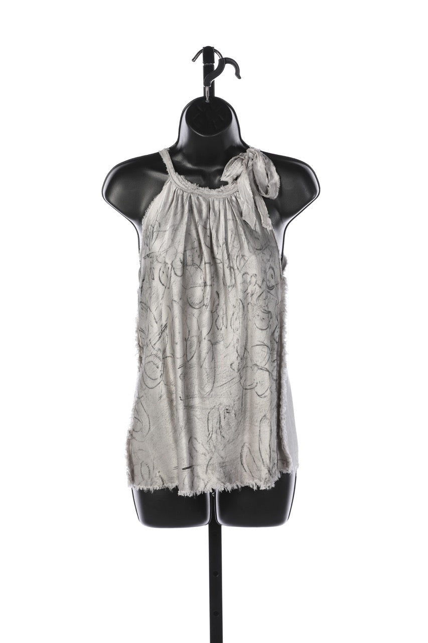 Jaga Silky Silver w Grey Brush Detail Halter Tie Neck Top