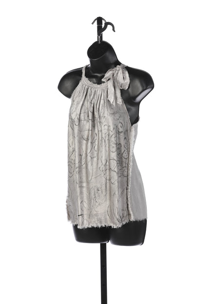 Jaga Silky Silver w Grey Brush Detail Halter Tie Neck Top