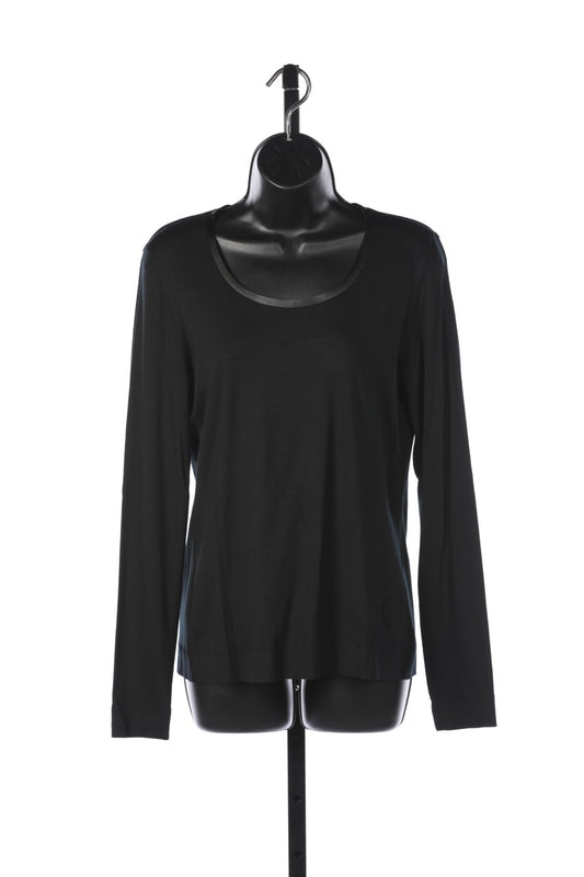 Akris Punto Black Long Sleeve T-Shirt w/ Faux Leather Neckline NWT