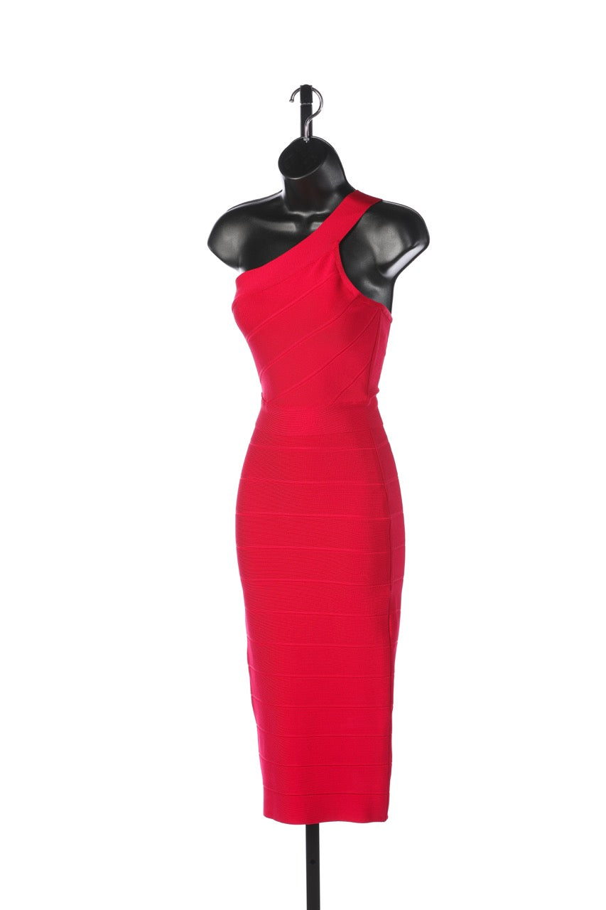 Herve Leger One Shoulder Knee Length Bandage Dress NWT