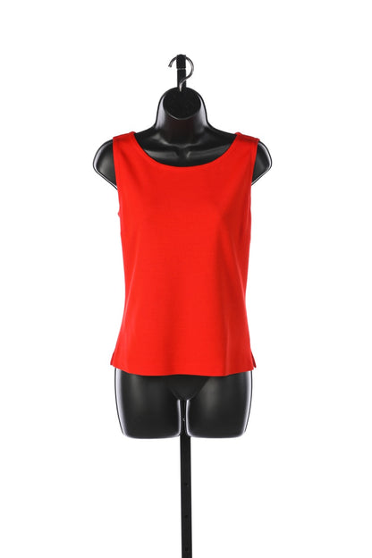 St. John Red Knit Sleeveless Crew-Neck Tank Top w Mini Slits on Sides